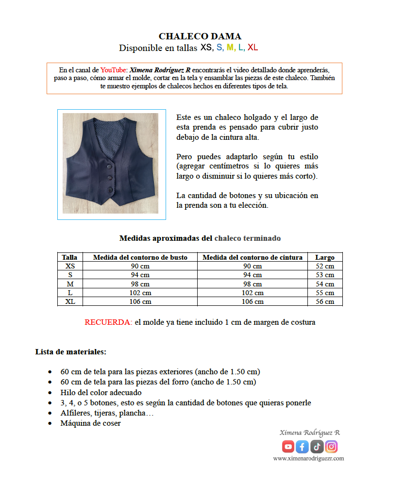 Molde Chaleco Dama PDF (Tallas XS,S,M,L,XL)